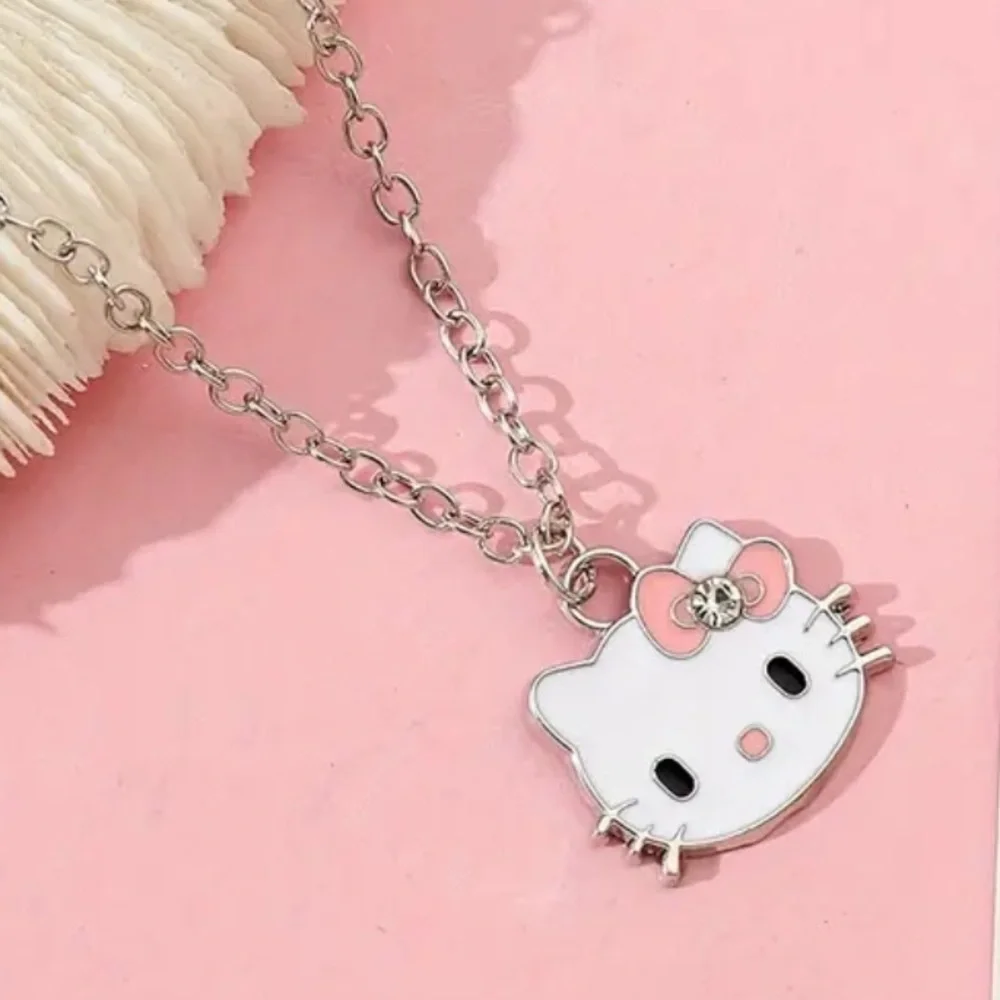 White Hello Kitty with Pink Bow Silver Necklace